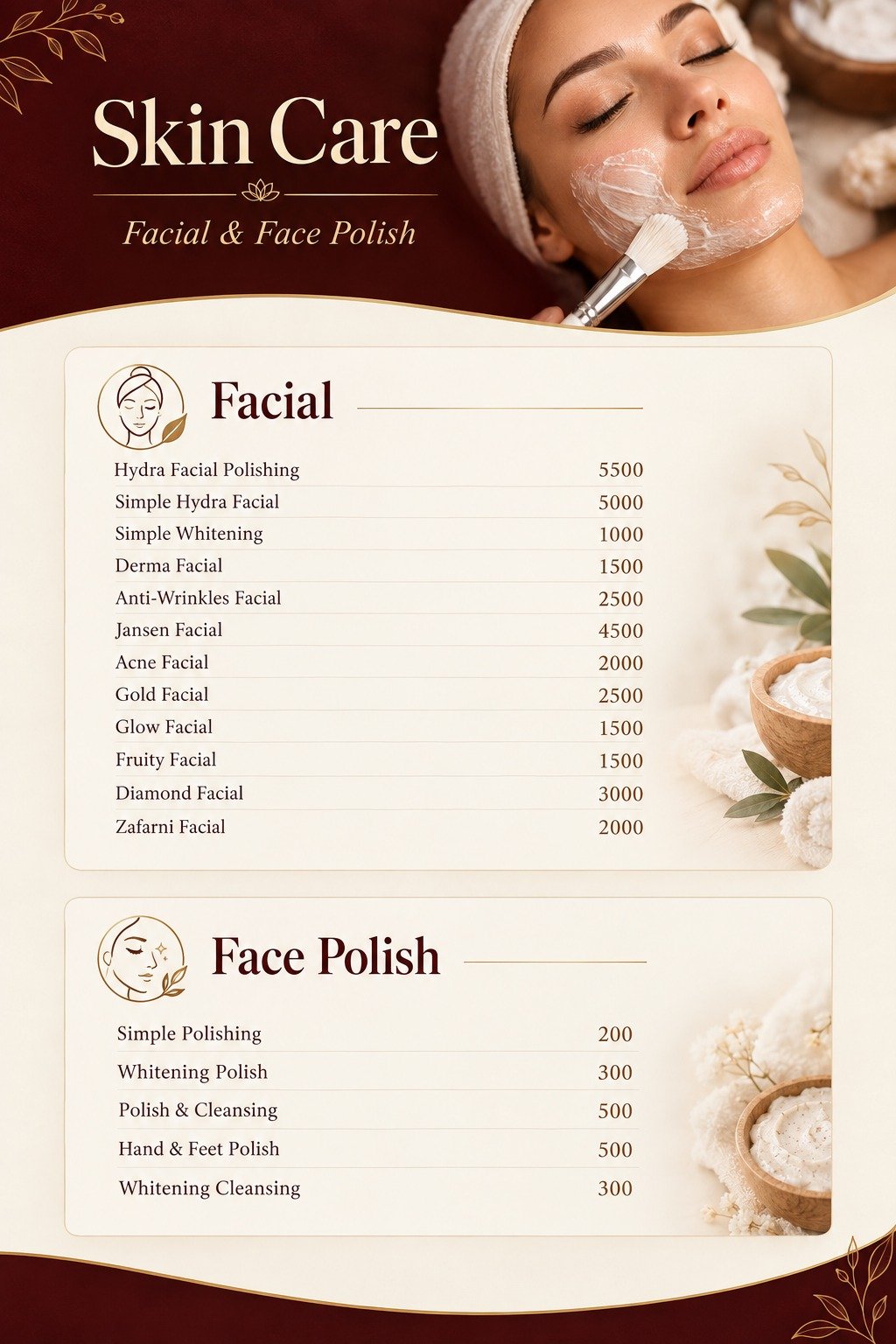 Skin Care services and price list